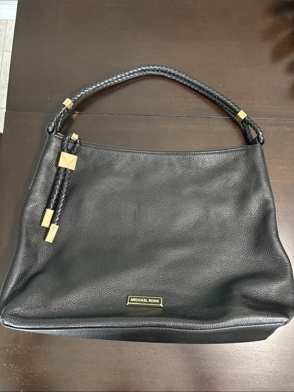 Michael Kors Black Pebbled Leather Shoulder Bag with Gold Accents